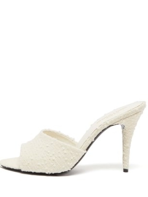 SAINT LAURENT LA 16 white bouclé-tweed mules ~ textured high heel mules ~ glamorous party heels ~ evening glamour