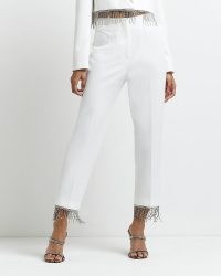 RIVER ISLAND WHITE SEQUIN FRINGE CIGARETTE TROUSERS ~ womens fringed crop hem evening trousers ~ women’s glamorous party fashion