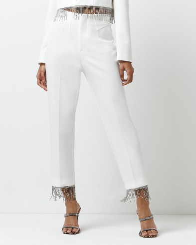 RIVER ISLAND WHITE SEQUIN FRINGE CIGARETTE TROUSERS ~ womens fringed crop hem evening trousers ~ women’s glamorous party fashion - flipped