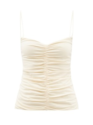 KHAITE Shelly ruched cream cotton-blend jersey cami top ~ gathered detail spaghetti strap camisole tops ~ strappy camisoles - flipped