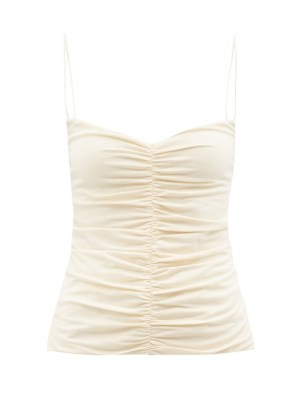 KHAITE Shelly ruched cream cotton-blend jersey cami top ~ gathered detail spaghetti strap camisole tops ~ strappy camisoles