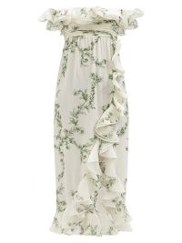 GIAMBATTISTA VALLI Waterfall-flounce floral silk-georgette midi dress in white – romantic style ruffle trimmed occasion dresses – off the shoulder evening fashion – romance inspired event clothing