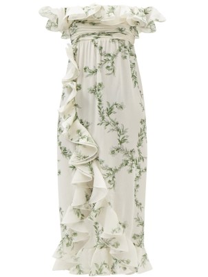 GIAMBATTISTA VALLI Waterfall-flounce floral silk-georgette midi dress in white – romantic style ruffle trimmed occasion dresses – off the shoulder evening fashion – romance inspired event clothing - flipped