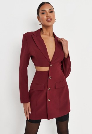 MISSGUIDED wine cut out fitted blazer dress – cutout jacket style dresses – going out evening fashion - flipped