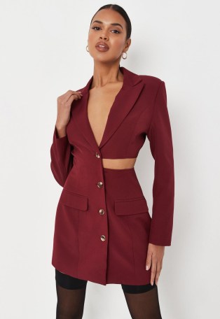 MISSGUIDED wine cut out fitted blazer dress – cutout jacket style dresses – going out evening fashion