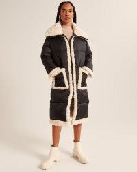 ABERCROMBIE & FITCH A&F Ultra Long Diamond Quilted Sherpa-Lined Puffer / black padded faux shearling-fur winter jackets