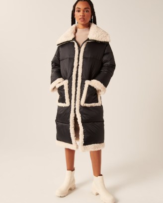 ABERCROMBIE & FITCH A&F Ultra Long Diamond Quilted Sherpa-Lined Puffer / black padded faux shearling-fur winter jackets - flipped
