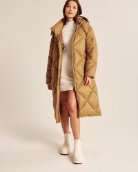 ABERCROMBIE & FITCH A&F Ultra Long Quilted Puffer in Light Brown ~ womens longline hooded coats