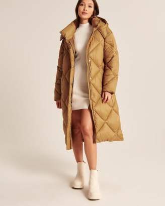 ABERCROMBIE & FITCH A&F Ultra Long Quilted Puffer in Light Brown ~ womens longline hooded coats