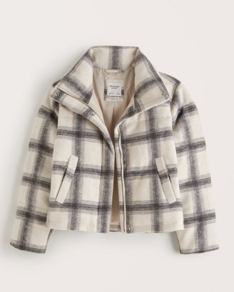 Abercrombie & Fitch A&F Wool-Blend Mini Puffer in Cream Plaid – womens checked puffer jackets – women’s casual check print outerwear