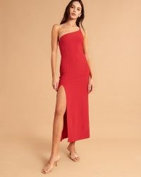 Abercrombie & Fitch Asymmetrical One-Shoulder Maxi Dress in Red | asymmetric high split hem party dresses | evening glamour