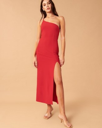 Abercrombie & Fitch Asymmetrical One-Shoulder Maxi Dress in Red | asymmetric high split hem party dresses | evening glamour - flipped