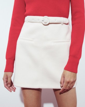 Abercrombie & Fitch Belted Cozy Mini Skirt in Off White – high rise front faux pocket skirts - flipped