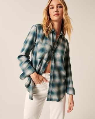 ABERCROMBIE & FITCH Boyfriend Flannel Shirt in Green Plaid / womens casual checked shirts - flipped