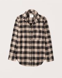 ABERCROMBIE & FITCH Boyfriend Flannel Shirt in Tan Check / womens checked curved hem shirts