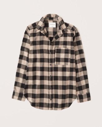 ABERCROMBIE & FITCH Boyfriend Flannel Shirt in Tan Check / womens checked curved hem shirts