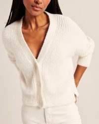Abercrombie & Fitch Chenille Eyelash Cropped Cardigan | womens white front button up side split cardigans