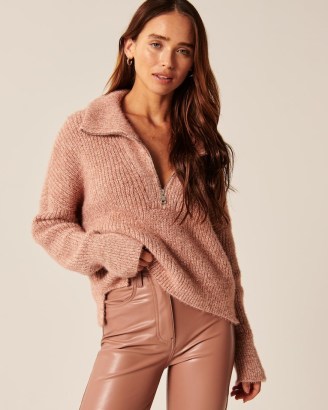 Abercrombie & Fitch Chenille Eyelash Half-Zip Sweater Dusty Pink - flipped