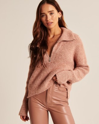 Abercrombie & Fitch Chenille Eyelash Half-Zip Sweater Dusty Pink