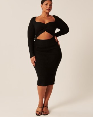 Abercrombie & Fitch Cinched Front Cutout Midi Sweater Dress in black – long sleeve front cut out detail dresses - flipped