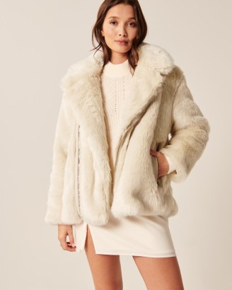 ABERCROMBIE & FITCH Faux Fur Aviator Jacket in Cream / womens casual luxe style winter jackets / women’s on-trend outerwear - flipped