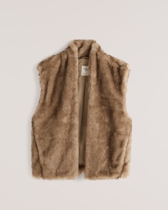 ABERCROMBIE & FITCH Faux Fur Vest in Brown / women’s fluffy sleeveless jackets / womens on-trend vests