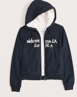 ABERCROMBIE & FITCH Faux Fur-Lined Full-Zip Logo Hoodie – women’s navy zip up hoodies – womens casual dark blue hooded jackets - flipped