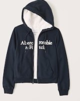 ABERCROMBIE & FITCH Faux Fur-Lined Full-Zip Logo Hoodie – women’s navy zip up hoodies – womens casual dark blue hooded jackets