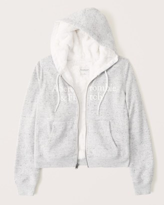 ABERCROMBIE & FITCH Faux Fur-Lined Full-Zip Logo Hoodie in Heather Grey / womens zip up hoodies / women’s casual hooded tops