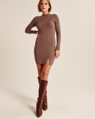 ABERCROMBIE & FITCH Mockneck Mini Sweater Dress Light Brown ~ chic short length long sleeve winter dresses ~ on-trend winter fashion