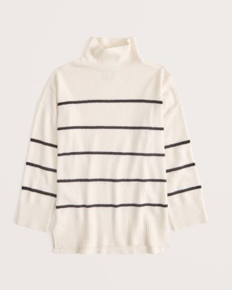 Abercrombie & Fitch Oversized Striped Legging-Friendly Turtleneck Sweater in Off White Stripe – women’s longline high neck soft feel sweaters - flipped