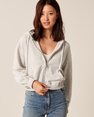 Abercrombie & Fitch The Cinched Full-Zip in Light Heather Grey – womens soft feel front zip up hoodies - flipped