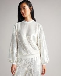 TED BAKER LEIPA Woven Sequin Sweat Top Light Grey ~ sequinned party tops ~ womens shimmering evening fashion