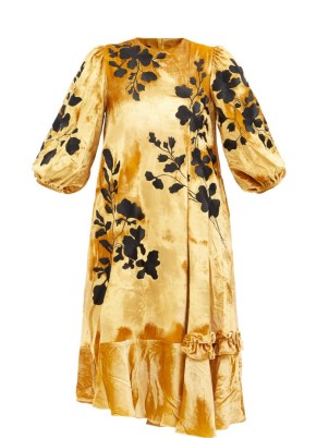 BIYAN Liyah floral-embroidered yellow velvet midi dress - flipped