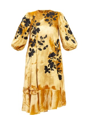 BIYAN Liyah floral-embroidered yellow velvet midi dress
