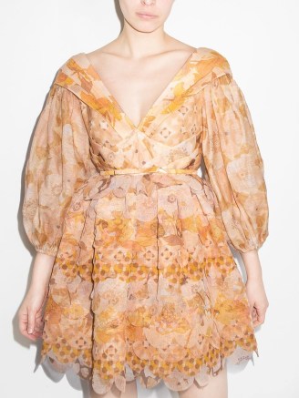 ZIMMERMANN Tempo puff-sleeve dress in orange light beige | feminine floral scalloped hem dresses - flipped