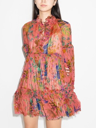 ZIMMERMANN Tropicana-print silk minidress / tiered ruffle trim silk dresses / tropical floral prints / romantic style fashion - flipped