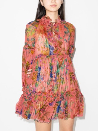 ZIMMERMANN Tropicana-print silk minidress / tiered ruffle trim silk dresses / tropical floral prints / romantic style fashion