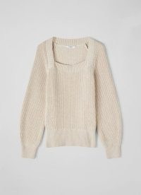L.K. Bennett AGNES BEIGE COTTON-BLEND RIB KNIT JUMPER | square neck jumpers | womens volume sleeve sweaters | neutral knitwear