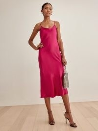 REFORMATION Alisal Dress in Rhubarb ~ pink silk charmeuse cami strap slip dresses ~ midi length evening fashion