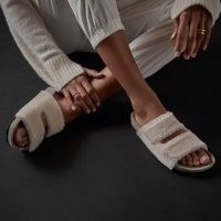 James Perse ALPACA DOUBLE STRAP SLIDE / womens luxe textured slides / women’s longewear fashion / casual lounge footwear
