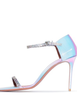 Amina Muaddi Ursina 95mm gradient-effect sandals blue / lilac | crystal embellished ankle strap party shoes | glamorous high heels - flipped