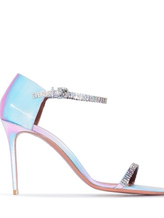 Amina Muaddi Ursina 95mm gradient-effect sandals blue / lilac | crystal embellished ankle strap party shoes | glamorous high heels
