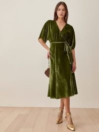 REFORMATION Analynne Velvet Dress in Artichoke ~ green evening wrap dresses ~ luxe occasion fashion