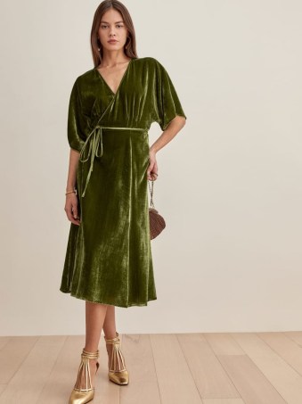 REFORMATION Analynne Velvet Dress in Artichoke ~ green evening wrap dresses ~ luxe occasion fashion - flipped