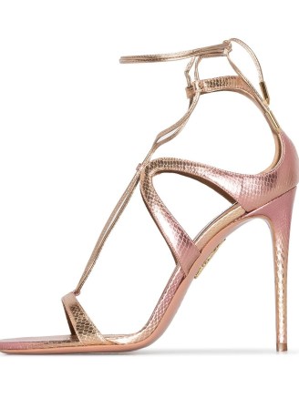 Aquazzura Gaia 105mm pink leather sandals. STRAPPY LIZARD EFFECT HIGH STILETTO HEELS. LUXE METALLIC EVENING SHOES - flipped