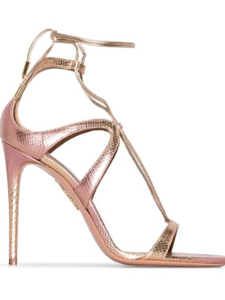 Aquazzura Gaia 105mm pink leather sandals. STRAPPY LIZARD EFFECT HIGH STILETTO HEELS. LUXE METALLIC EVENING SHOES