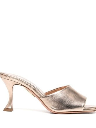 Aquazzura Violette 70 mules in gold leather / shiny metallic mid sculpted heels / peep toe slip on sandals - flipped