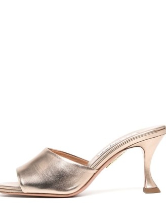 Aquazzura Violette 70 mules in gold leather / shiny metallic mid sculpted heels / peep toe slip on sandals