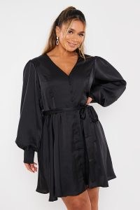 IN THE STYLE x ASH BLACK BUTTON FRONT BALLOON SLEEVE SATIN DRESS ~ Ashleigh Huish inspired dresses